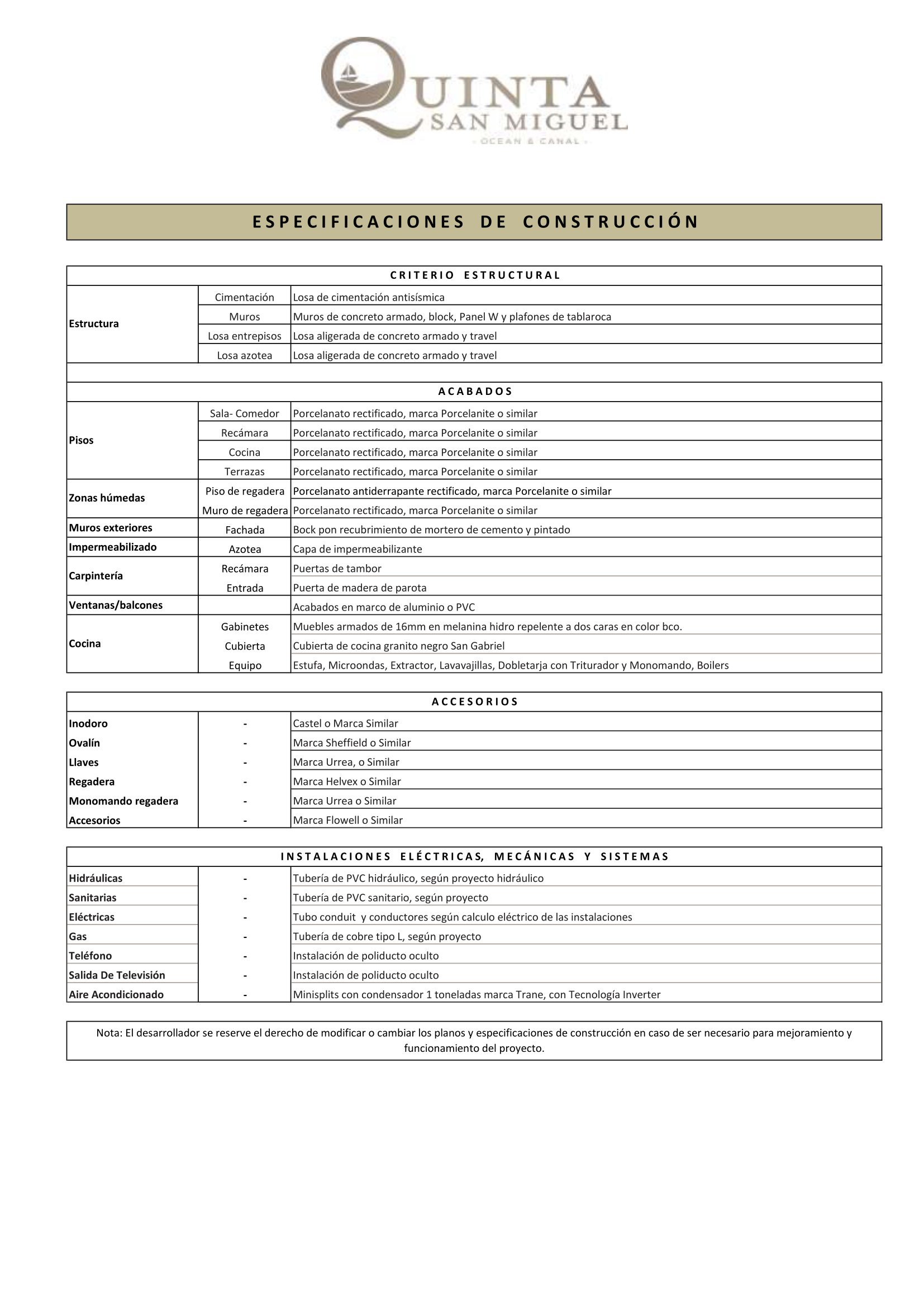 Especificaciones de construcción de Quinta San Miguel Ocean & Canal